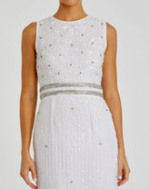 White Sleeveless High Neck Beaded Midi Sheath Dress